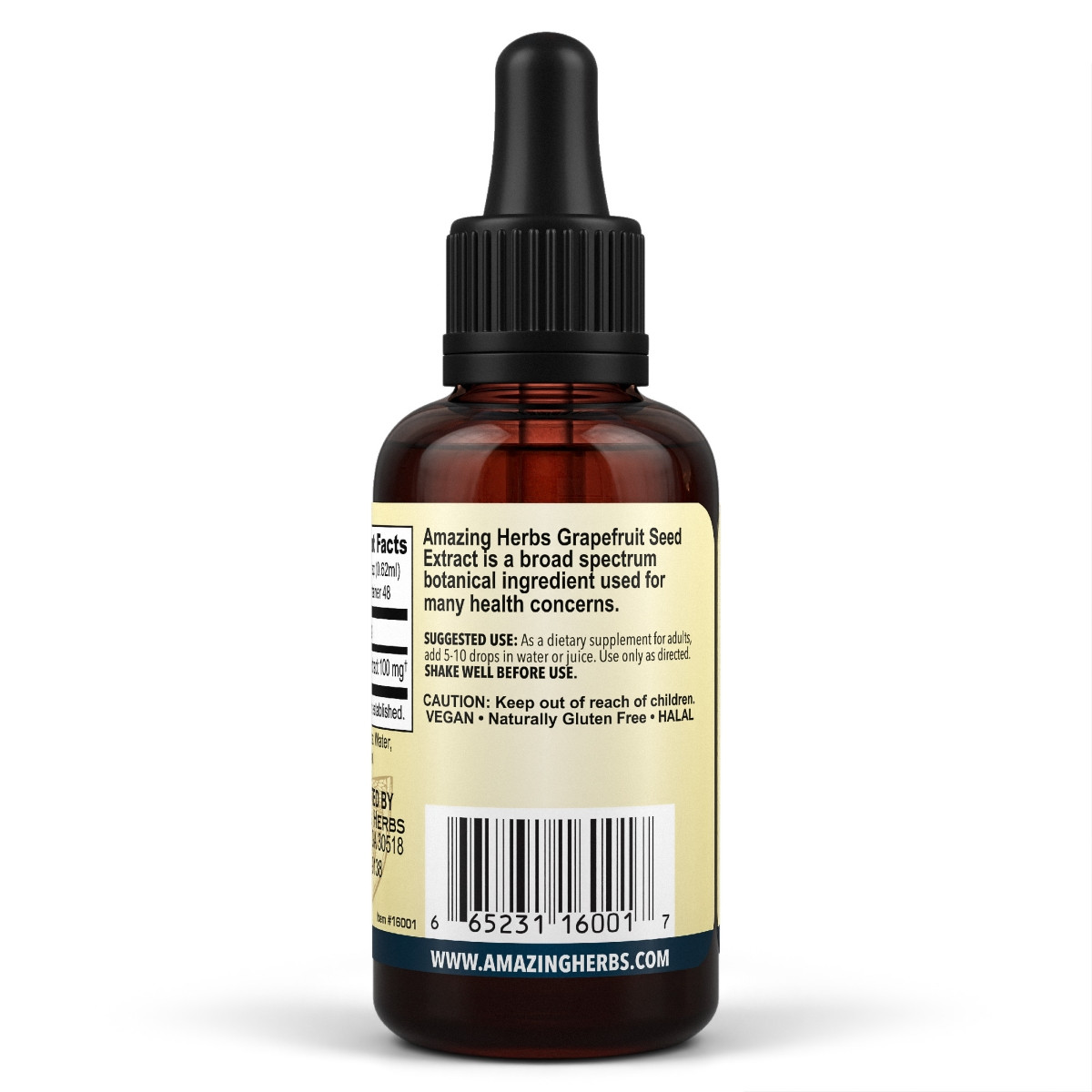 Image of the alternate side of the glass dropper bottle of Grapefruit Seed Liquid Extract 30ml showing suggested use.