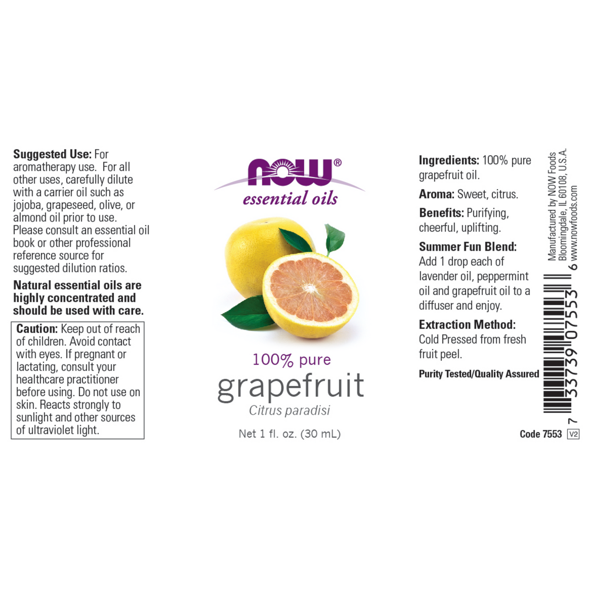 NOW Essential Oil 100% Pure Grapefruit 30ml-NOW Supplements-Matakana Pharmacy
