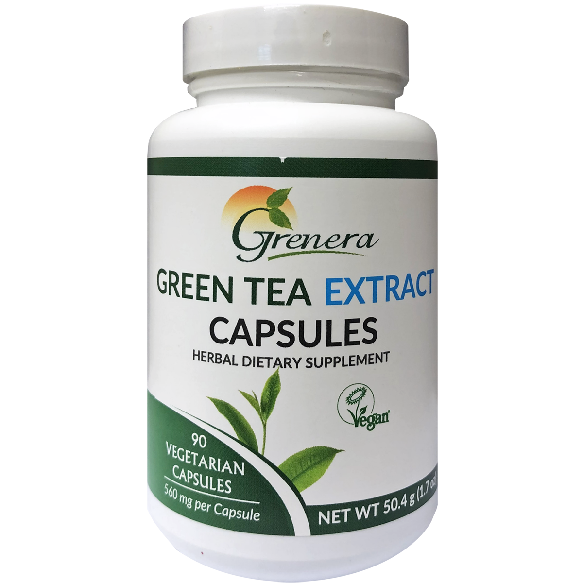 Image of Green Tea Extract 90vcaps by Grenera. Comes in a white plastic bottle
