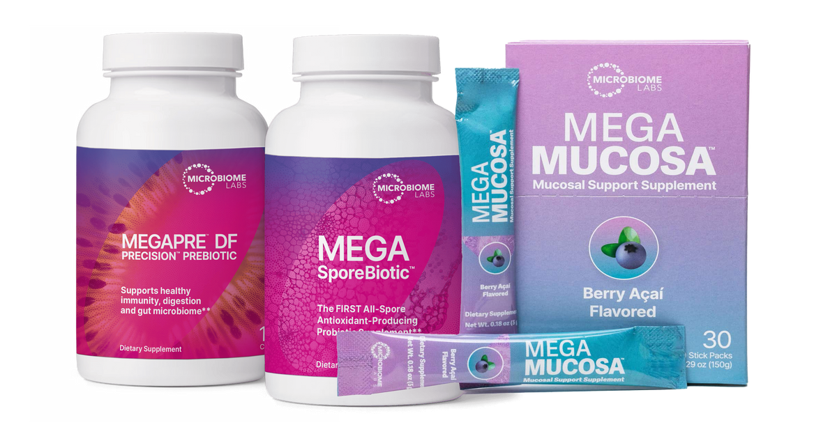 Microbiome Labs Gut Reset bundle, MegaSporeBiotic, MegaPre Dairy-Free and MegaMucosa front of pack