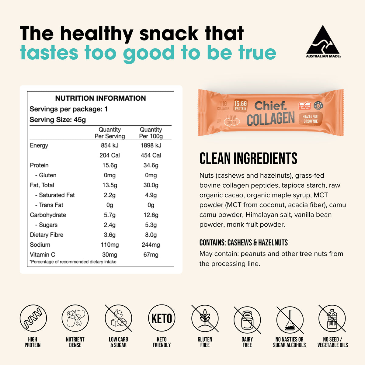 Collagen Protein Bar Hazelnut Brownie 45g-Chief-Matakana Pharmacy
