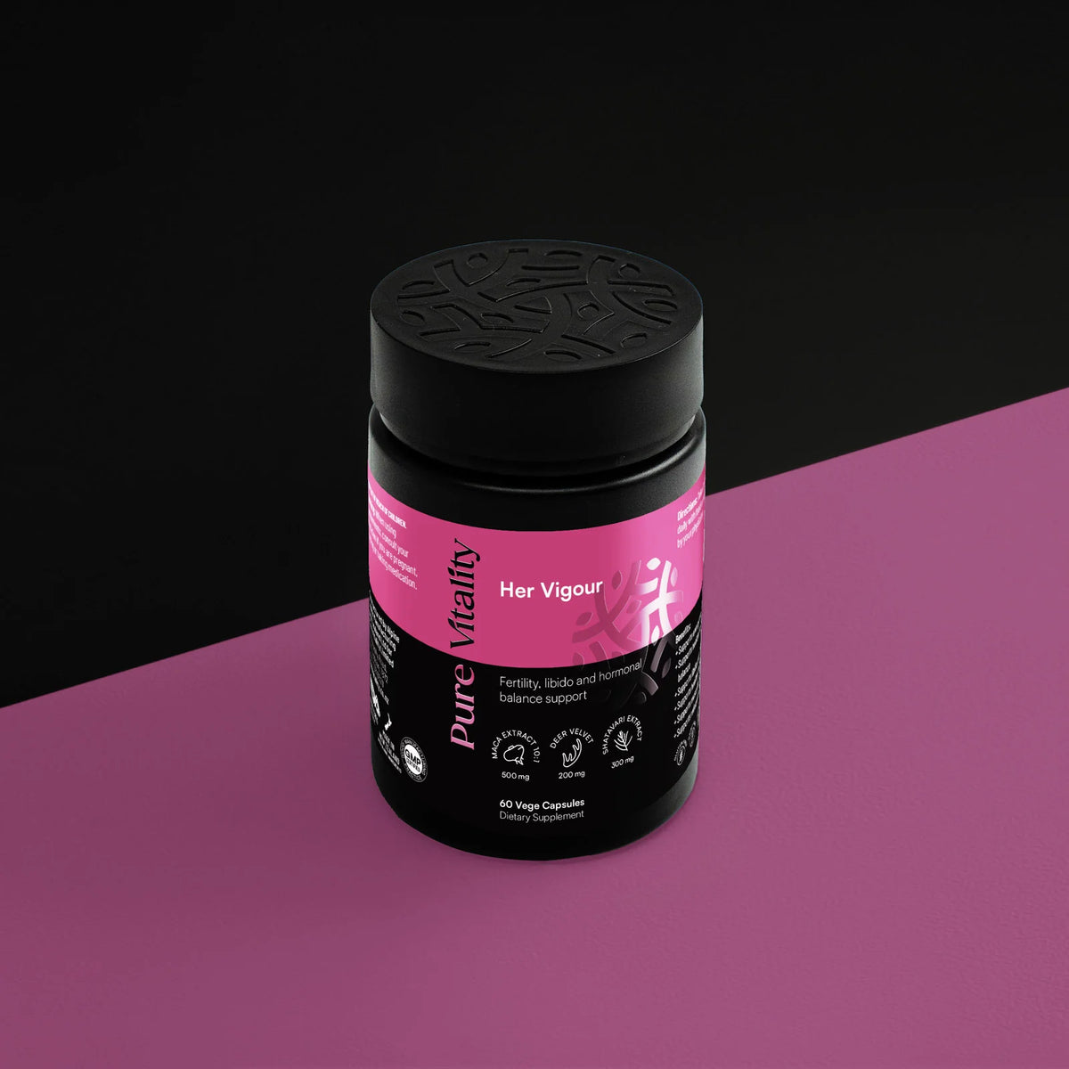 Image of Her Vigour 60caps bottle with a black and pink background