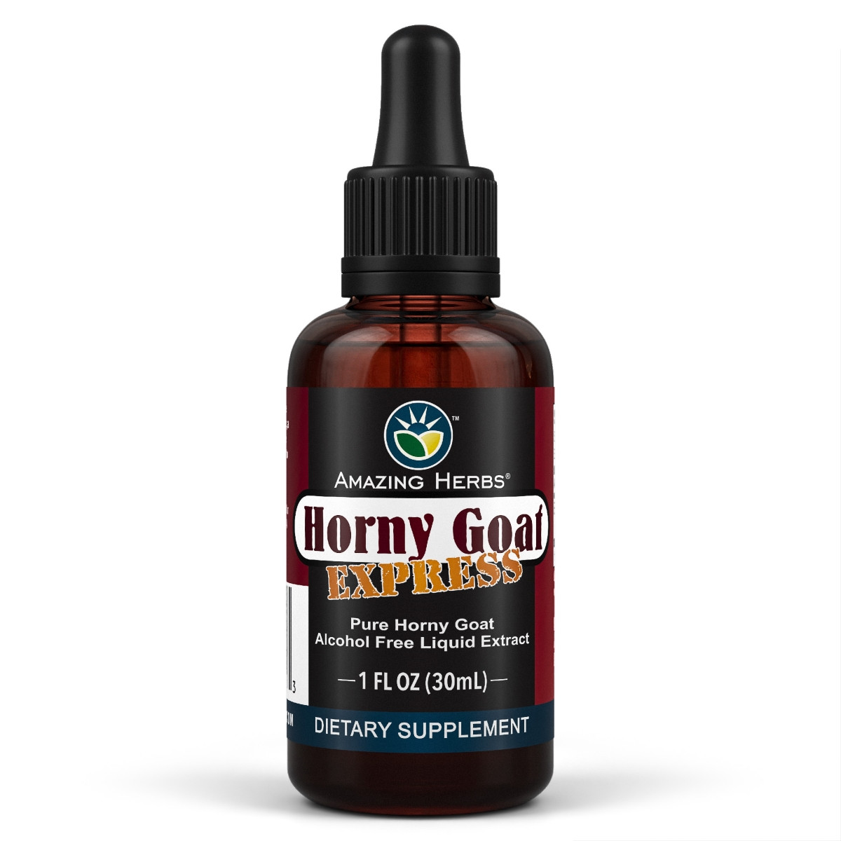 Image of glass bottle with dropper of Horny Goat Express Liquid Extract 30ml
