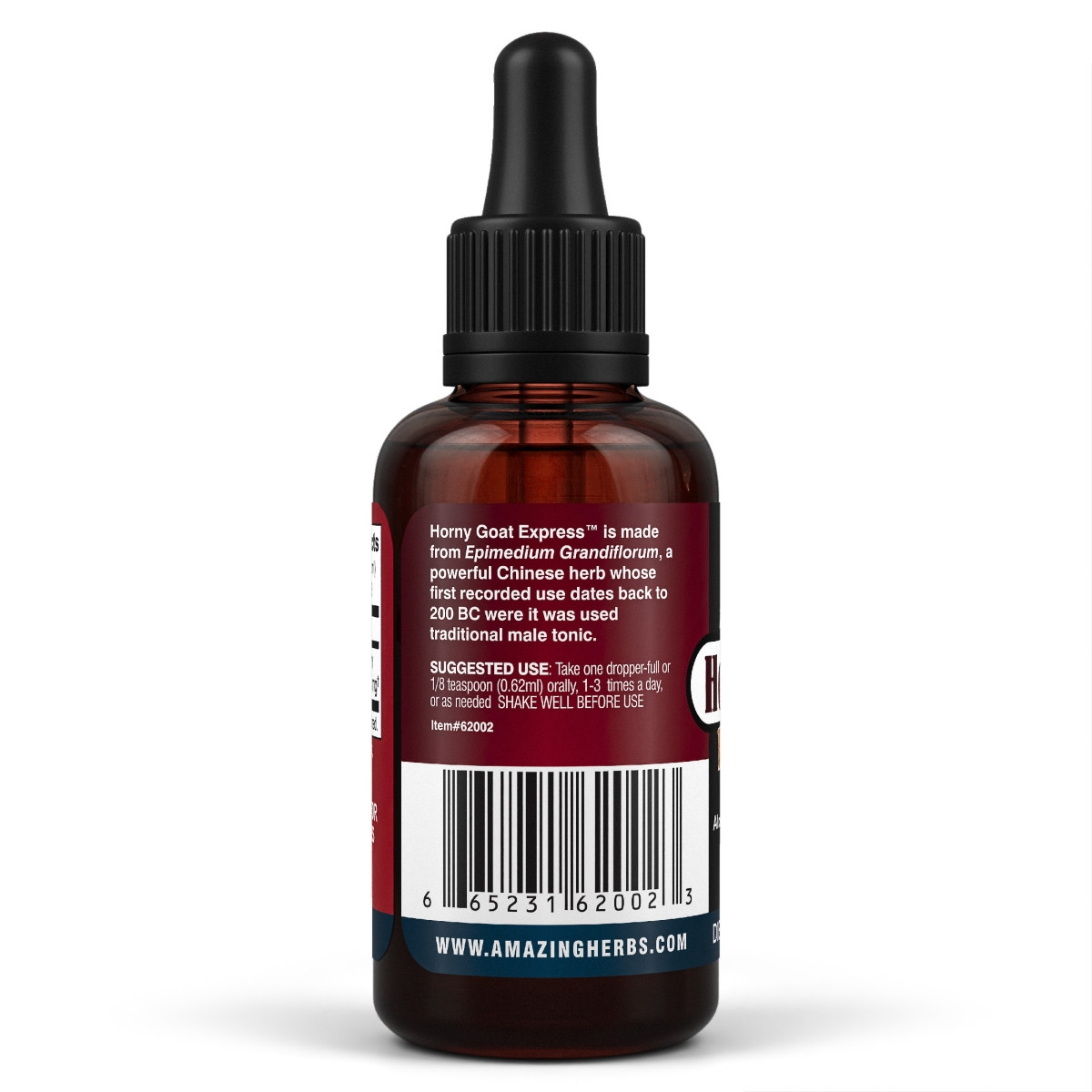 Image of the suggested use on the side of the bottle of Horny Goat Express Liquid Extract 30ml