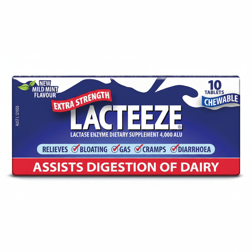 A box of Lacteeze Extra Strength lactase enzyme dietary supplement chewables, featuring a blue and white design with red accents and text indicating relief for bloating, gas, cramps, and diarrhea.