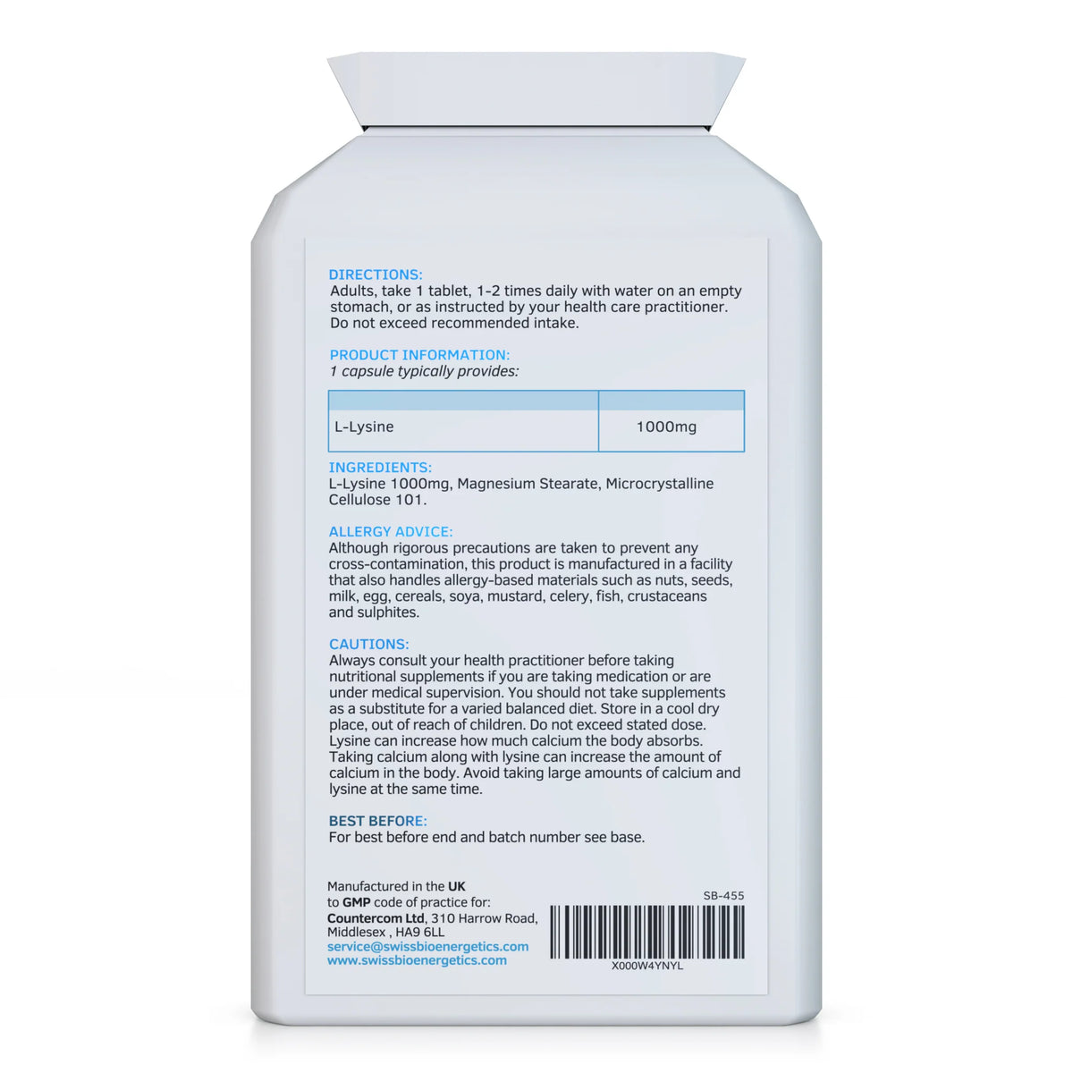 L Lysine 1000mg 90 Tablets-Swiss Bioenergetics-Matakana Pharmacy
