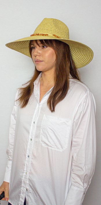 Female model in white wearing Ladies Hat Bodie Natural

