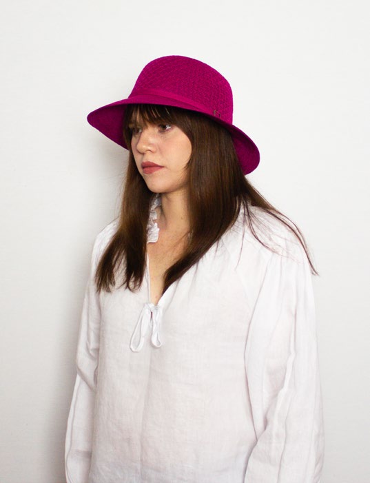 Female model wearing Ladies Hat Dolly Purple