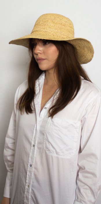 female model wearing Ladies Hat Emerson Natural