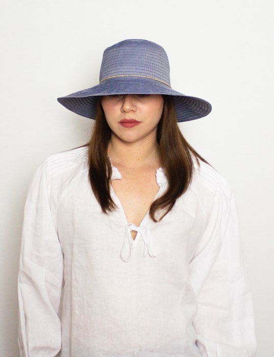 Female model wearing Ladies Hat Evie Blue