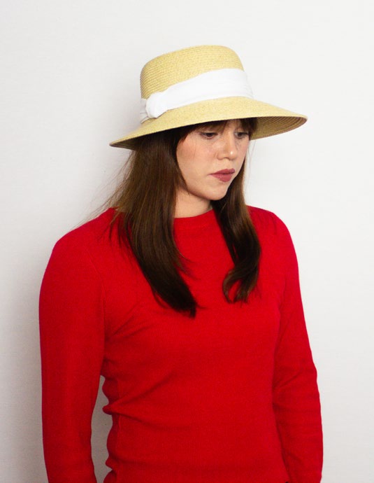 female model wearing Ladies Hat Perrin with white bow