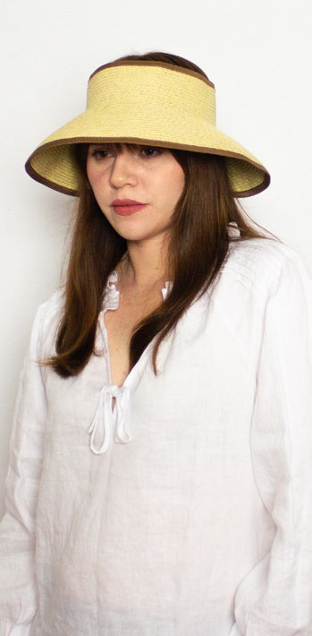 Female model in white shirt wearing Ladies Visor Tilda Brown
