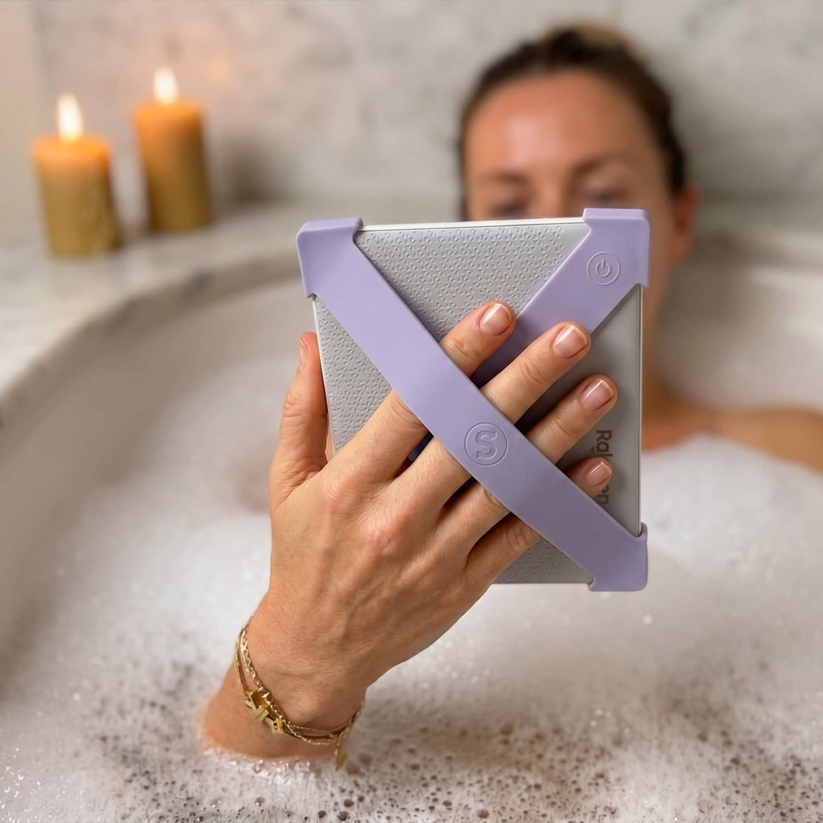 Strapsicle straps in Lilac in use while reading