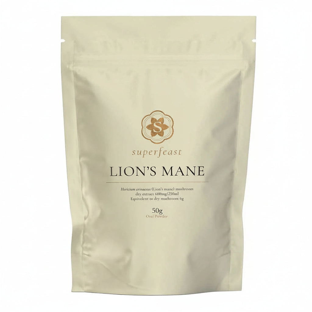 A stand-up pouch of Superfeast Lion's Mane oral powder in a light beige color, shown against a plain white background.