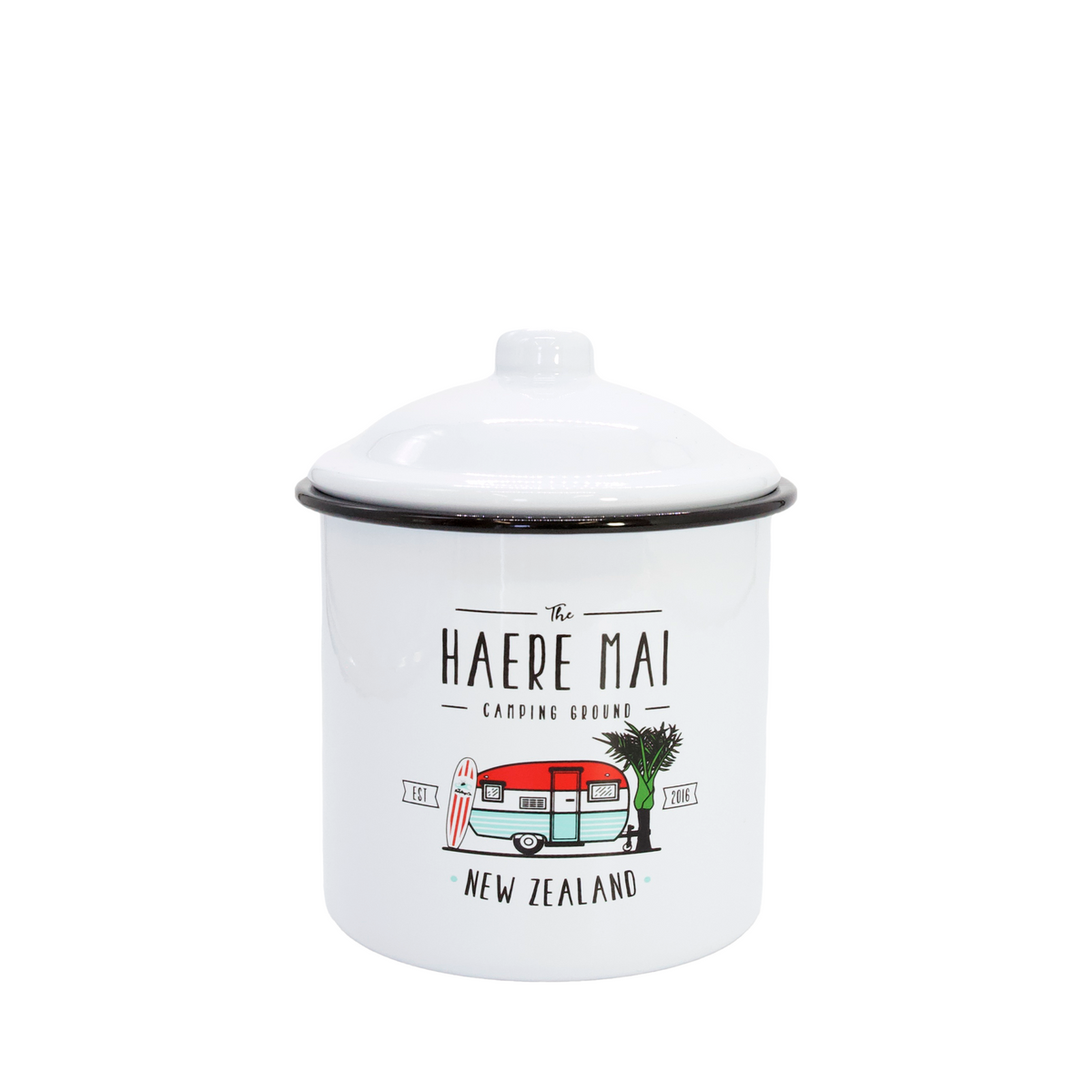 Enamel Canister 12x14cm Haere Mai White-Matakana Pharmacy