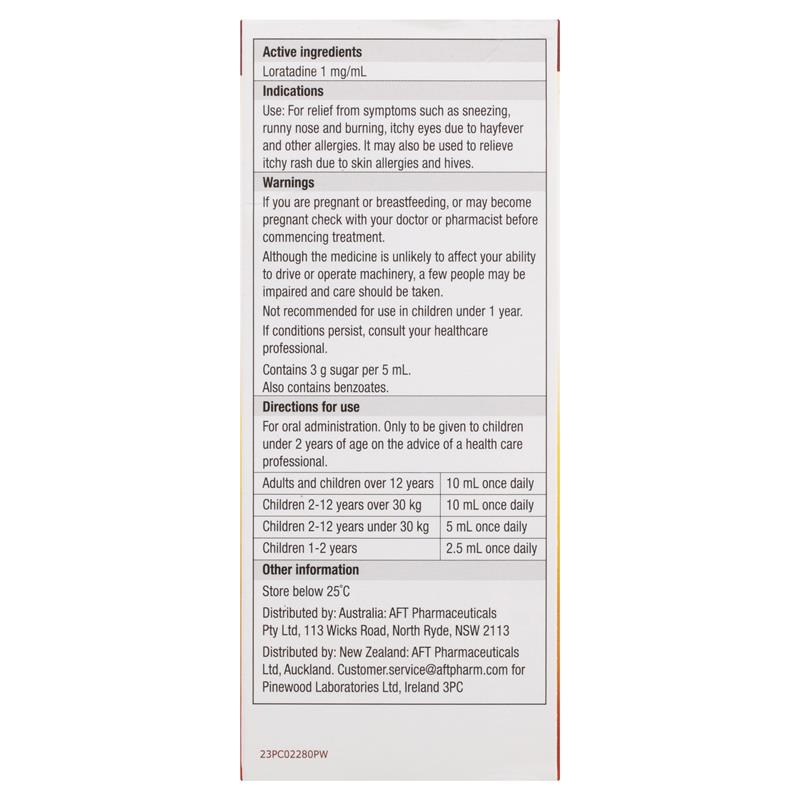 Lorapaed Non Drowsy Antihistamine Oral Liquid For Kids 150ml-AFT Pharmaceuticals-Matakana Pharmacy