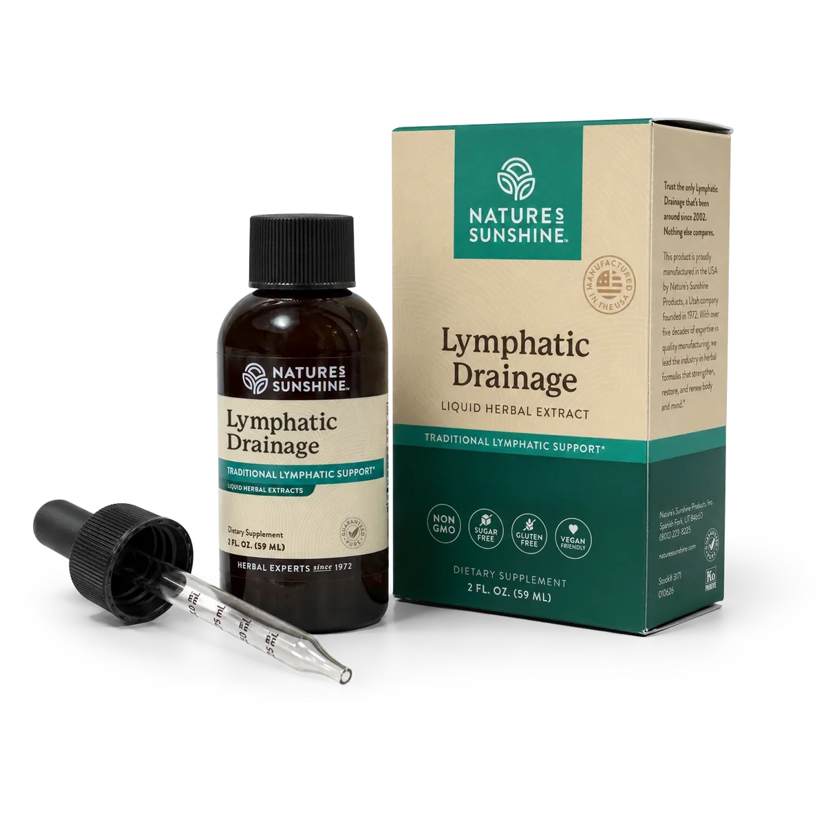 Nature’s Sunshine Lymphatic Drainage 59ml bottle beside its carton with the glass dropper laid in front