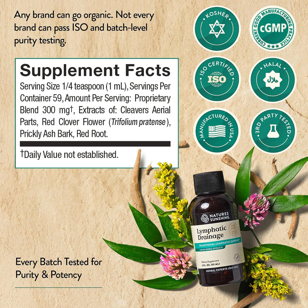 Nature’s Sunshine Lymphatic Drainage supplement facts panel listing the 300mg proprietary blend, with kosher, halal, ISO, cGMP and third-party tested marks