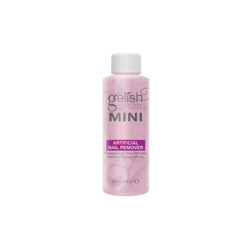 Pink bottle of gelish artificial nail remover on a white background