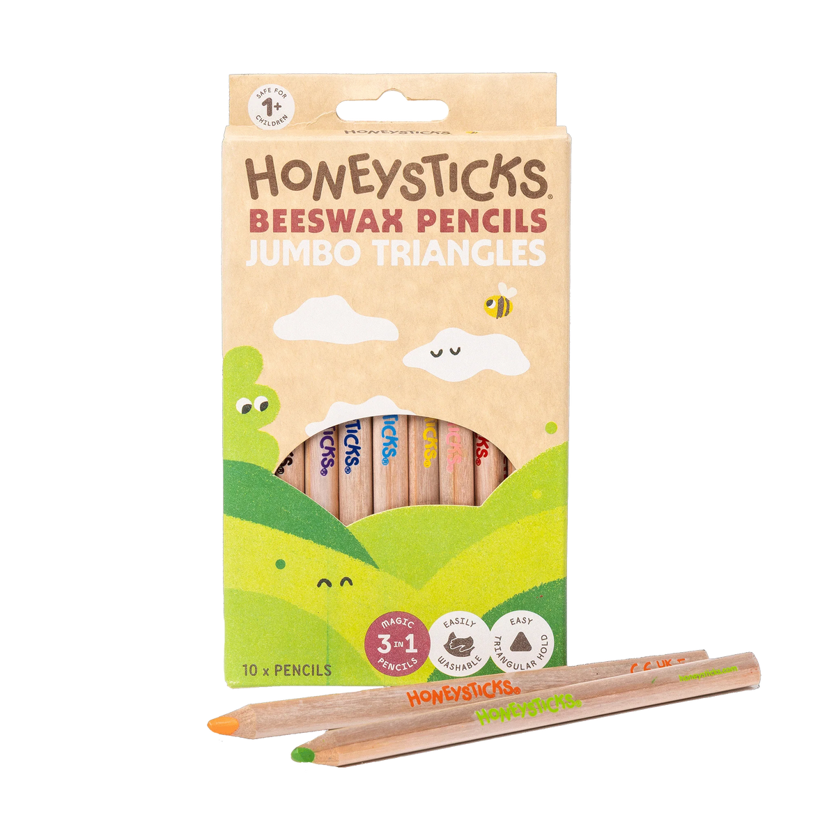 Honeysticks Magic 3-in-1 Beeswax Pencils Jumbo Triangles box with pencils in front