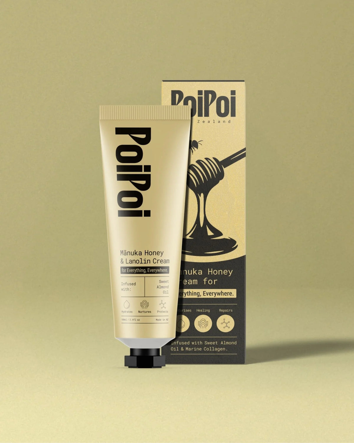 PoiPoi Mānuka Honey & Lanolin Cream 100g tube beside its box