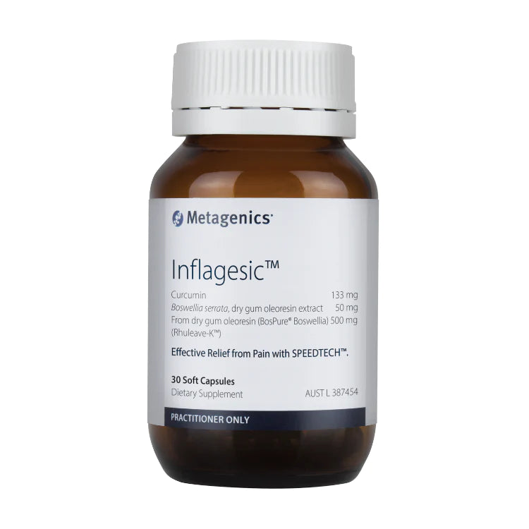 Image of Metagenics Premium supplement for natural antiinflammatory support - Inflagesic bottle of 30 capsules.