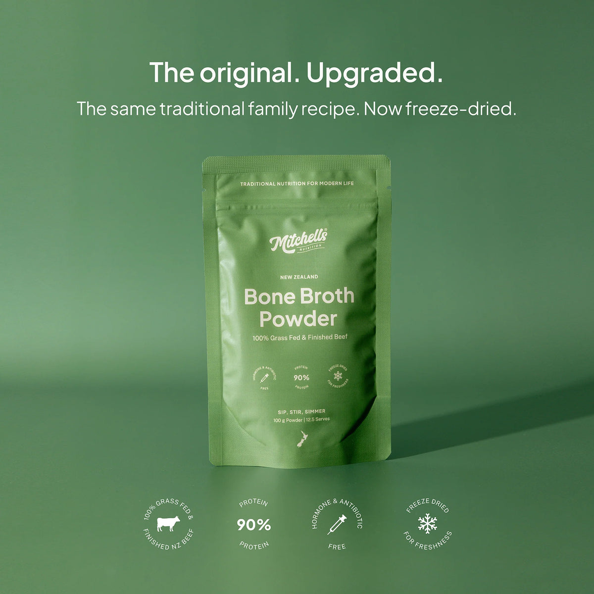 Mitchells Bone Broth Powder pouch on green with the same family recipe, now freeze-dried