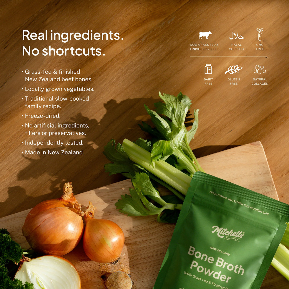 Mitchells Bone Broth Powder pouch with onion and celery, listing grass-fed NZ beef bones and no artificial ingredients