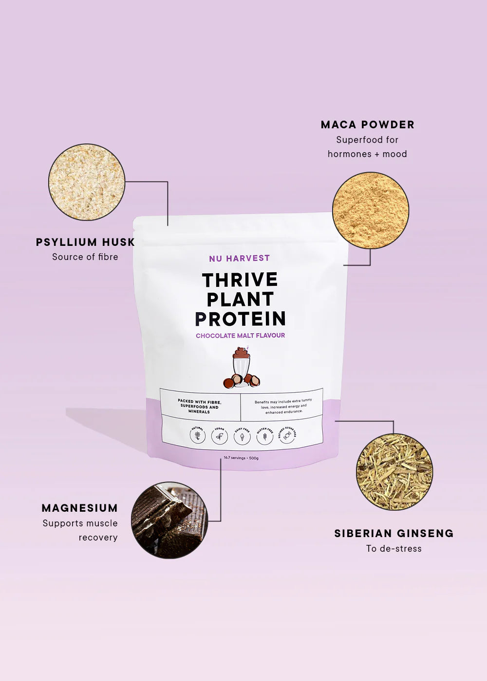Thrive Plant Protein Choc Malt 500g-Nu Harvest-Matakana Pharmacy