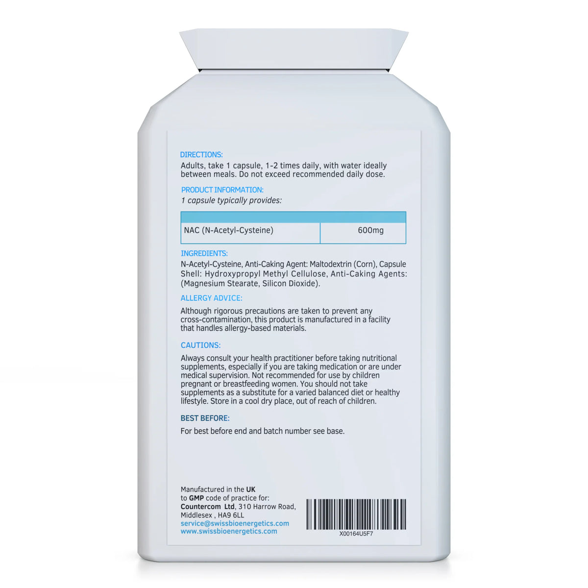 NAC 600mg 120 Capsules-Swiss Bioenergetics-Matakana Pharmacy