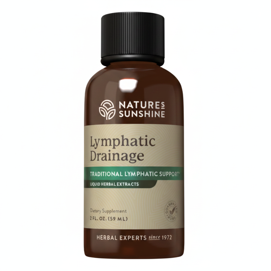 Nature’s Sunshine Lymphatic Drainage 59ml, amber dropper bottle with the cream and teal herbal extract label, front of pack