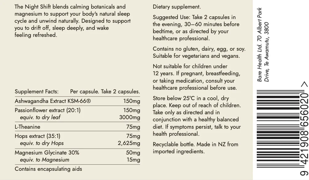 The Night Shift 60 Capsules-Bare Health-Matakana Pharmacy