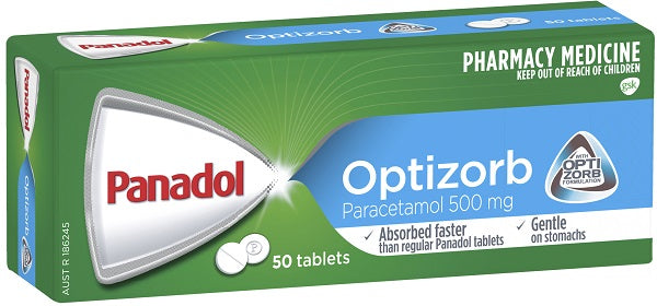 Image of 50 pack of optizorb paracetamol 500mg tablets. 