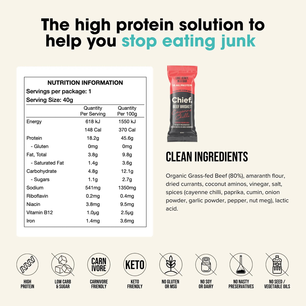 Beef Brisket Protein Bar Cayenne Chilli 40g-Chief Nutrition-Matakana Pharmacy