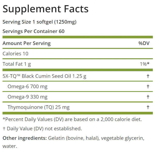 Image of ingredients in Black Seed Oil Premium 1250mg 60sgcaps