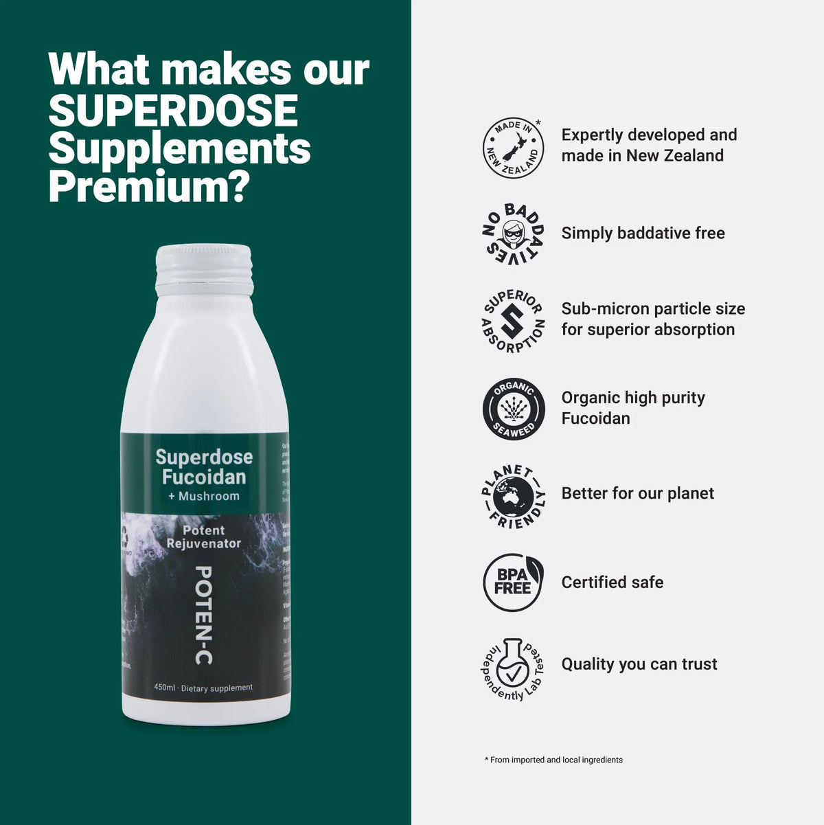 Image showing some benefits around using Poten-C Superdose Fucoidan + Mushroom 750mg 450ml
