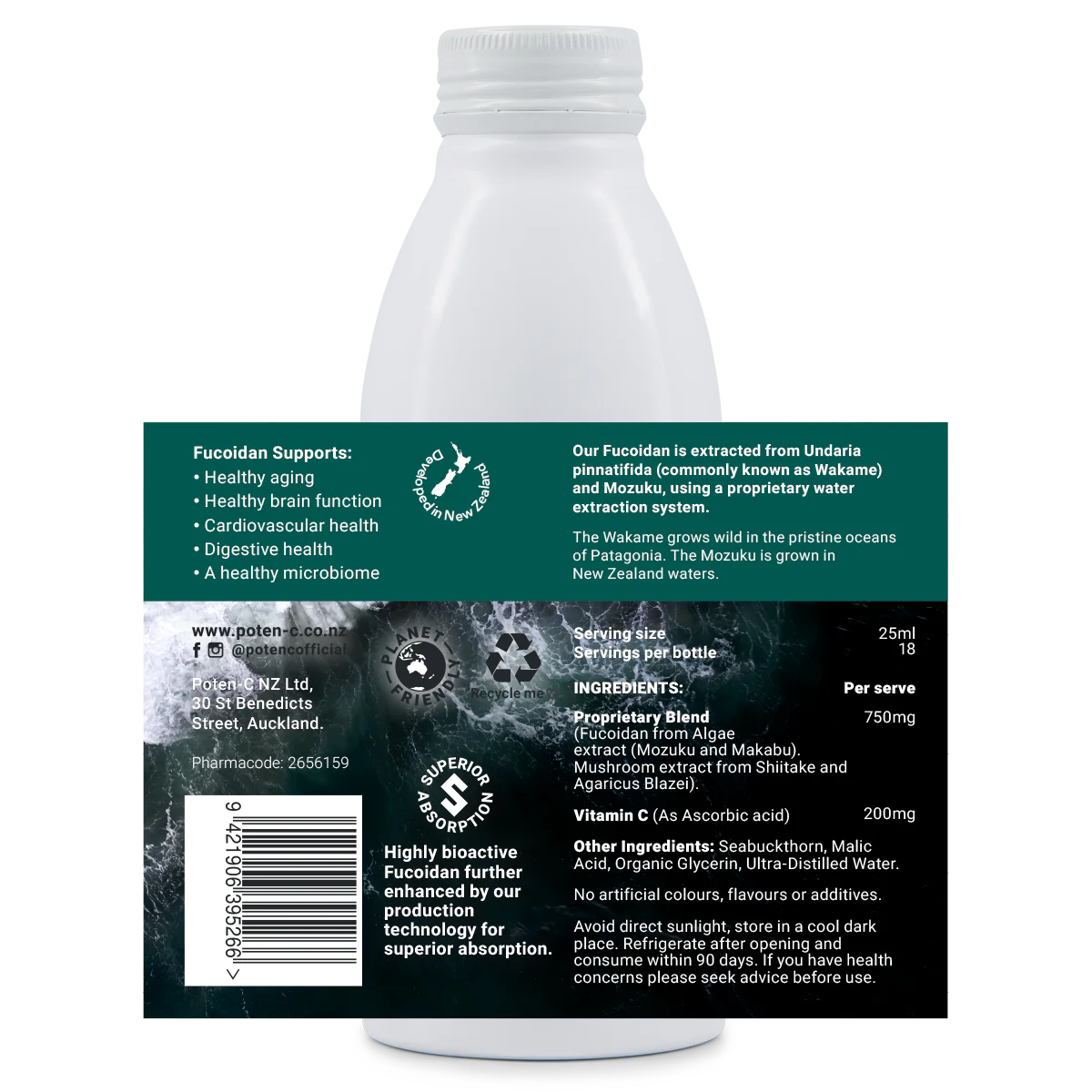 Image of the label that wraps around the bottle of Poten-C Superdose Fucoidan + Mushroom 750mg 450ml