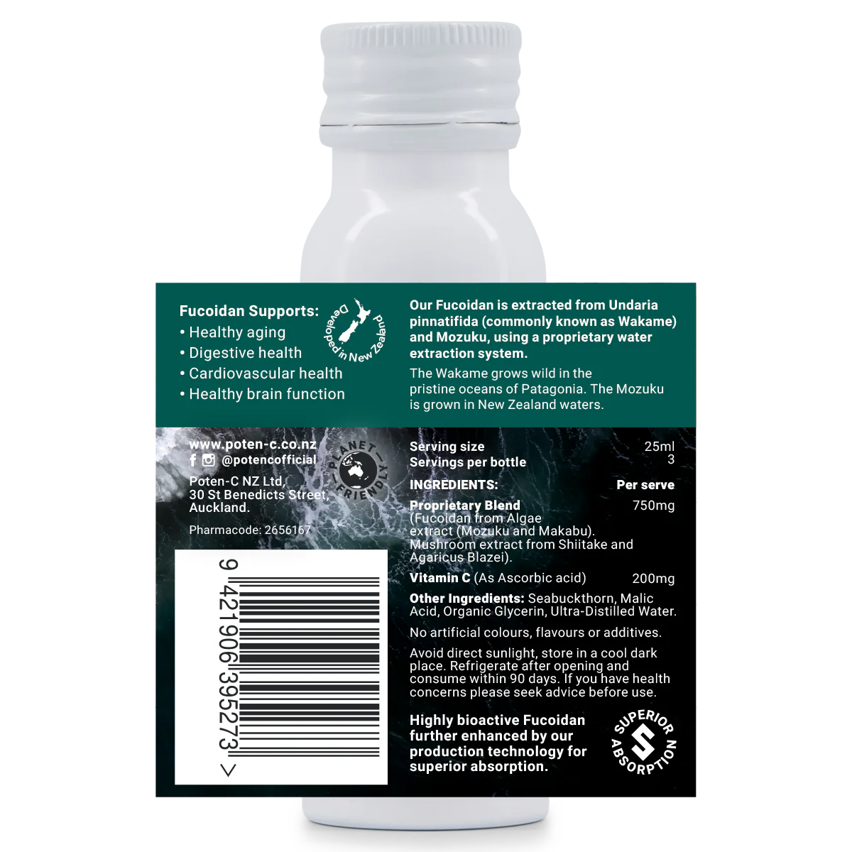 Image of the label that wraps around the bottle of Poten-C Superdose Fucoidan + Mushroom 750mg 75ml