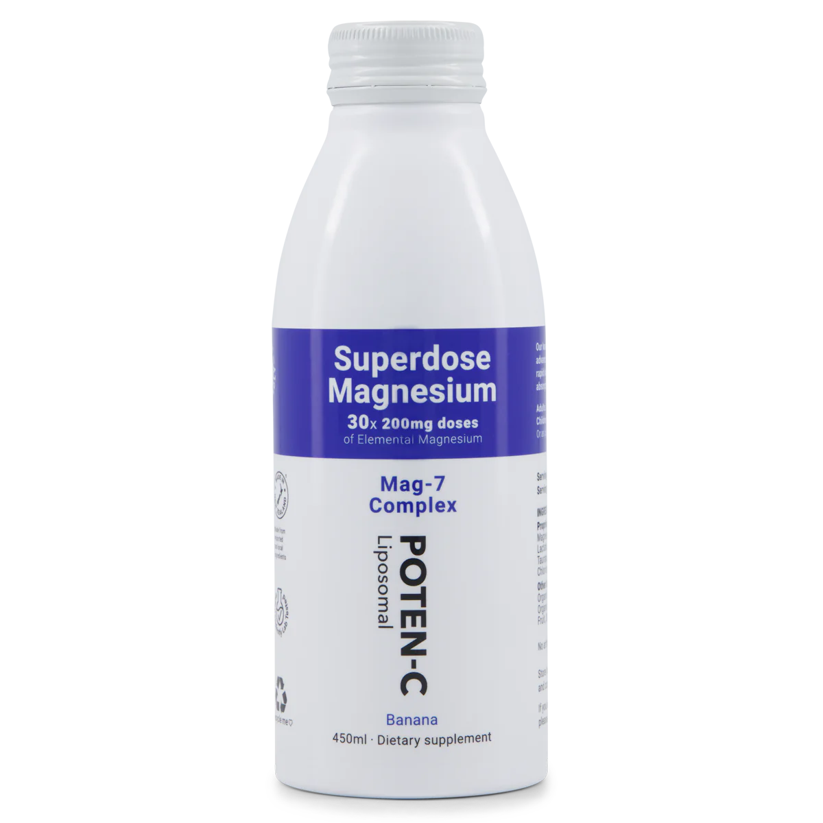 Image of white bottle of Poten-C Superdose Liposomal Magnesium 200mg Mag-7 Complex 450ml