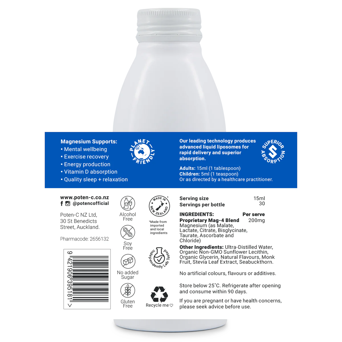 Image of the label that wraps around the bottle of Poten-C Superdose Liposomal Magnesium 200mg Mag-7 Complex 450ml