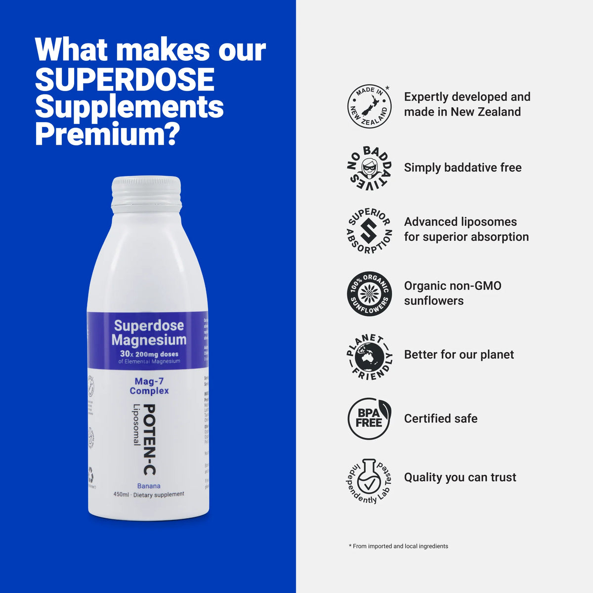 Image showing benefits of using Poten-C Superdose Liposomal Magnesium 200mg Mag-7 Complex 75ml
