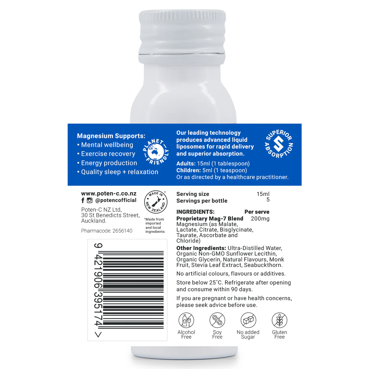 Image of the label that wraps around the bottle of Poten-C Superdose Liposomal Magnesium 200mg Mag-7 Complex 75ml