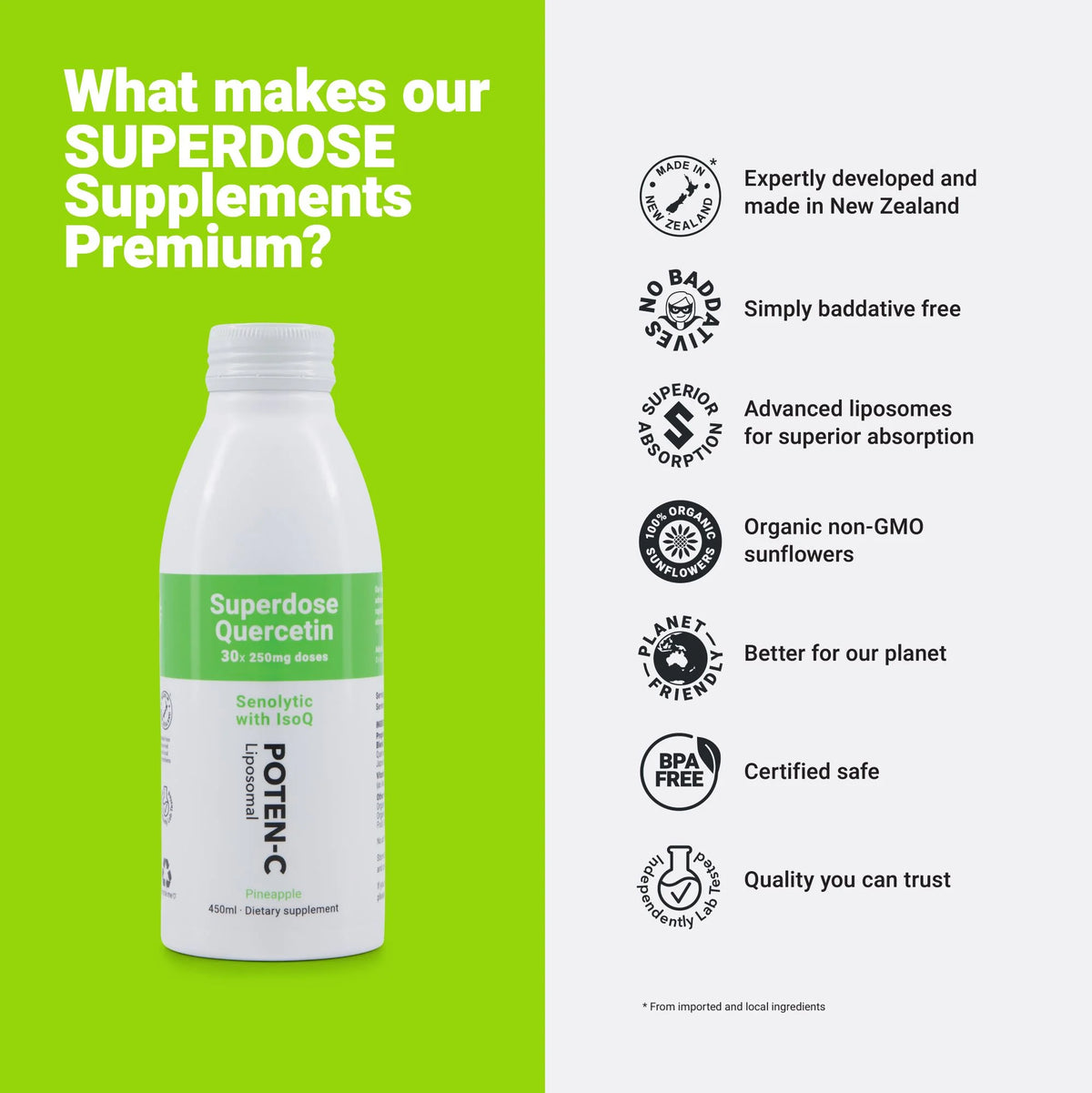 Image of the benefits of using Poten-C Superdose Liposomal Quercetin 250mg 450ml