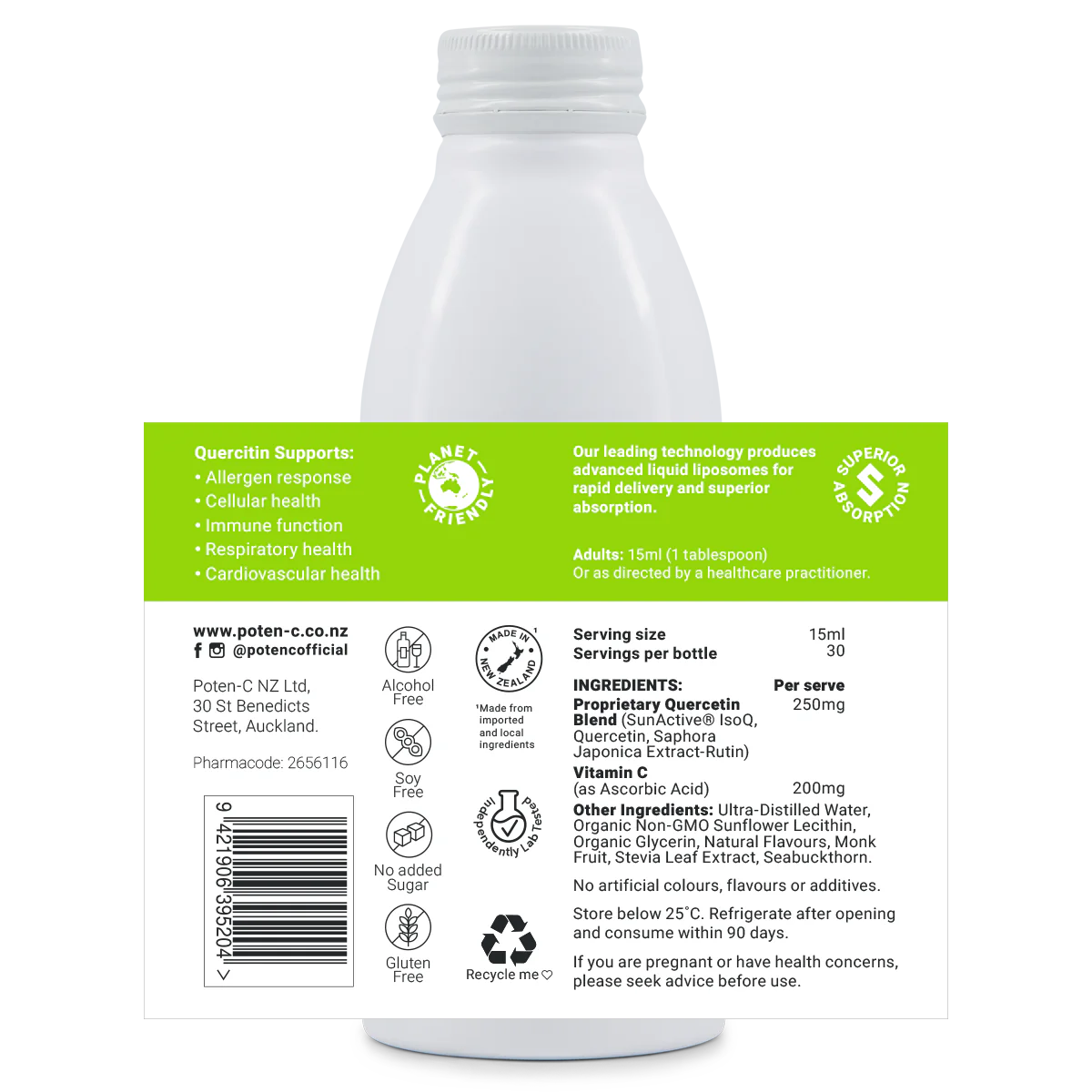 Image of the label that wraps around the bottle of Poten-C Superdose Liposomal Quercetin 250mg 450ml