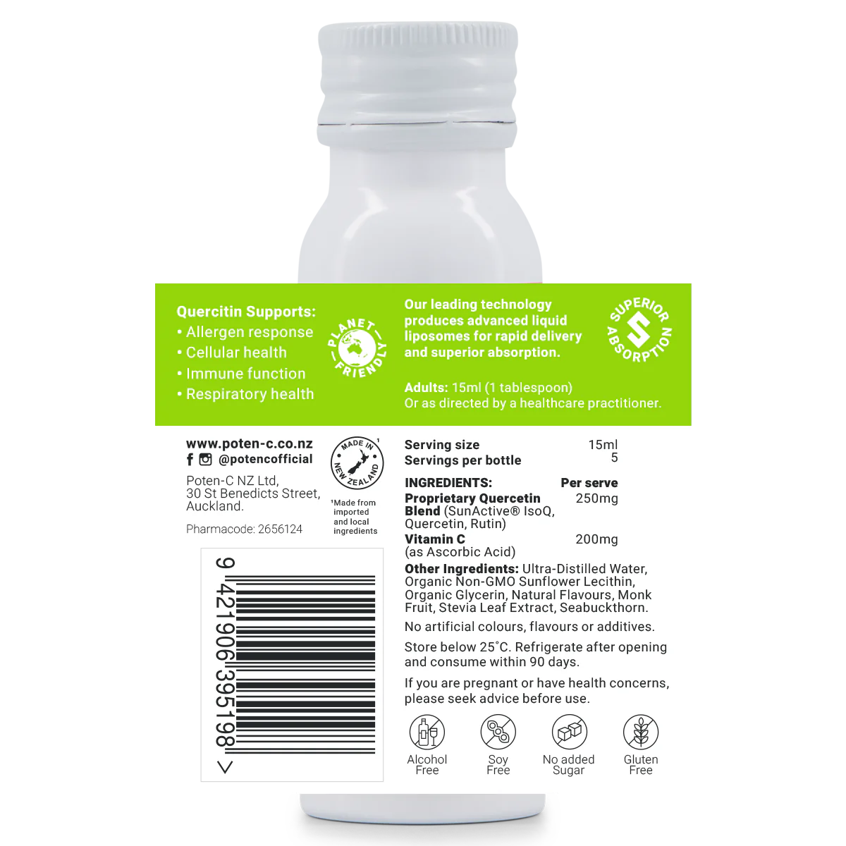 Image of label that goes on the bottle of Poten-C Superdose Liposomal Quercetin 250mg 75ml