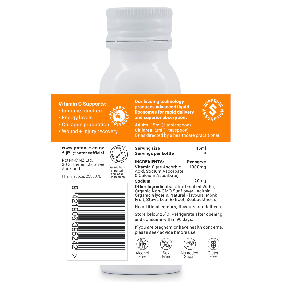 Image of label on the bottle of Poten-C Superdose Liposomal Vitamin C 1000mg 75ml