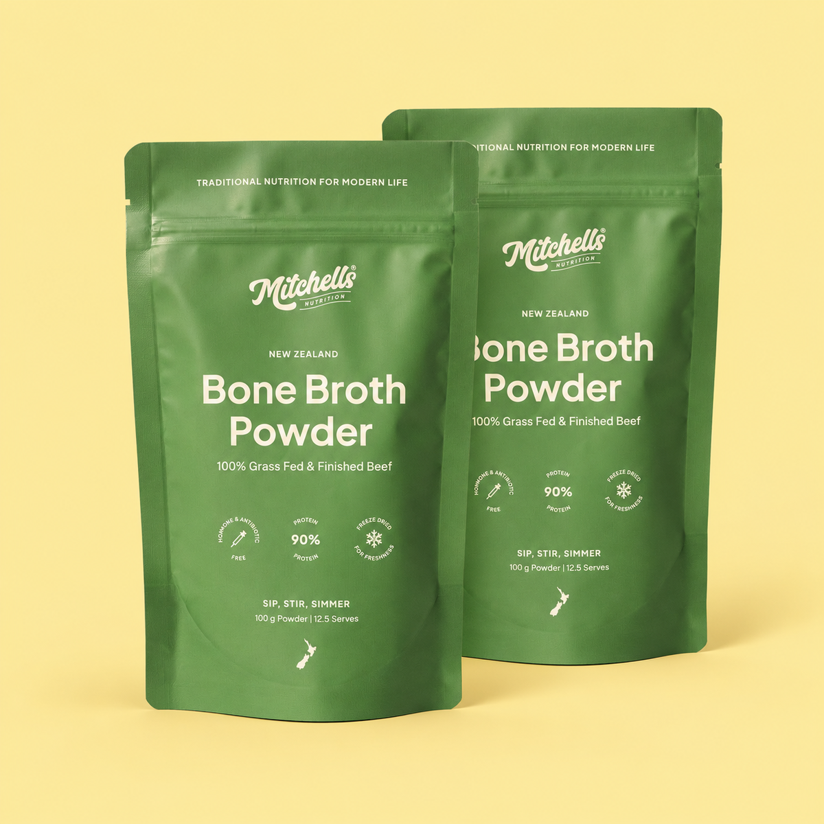 Two green pouches of Mitchells Nutrition Bone Broth Powder 100g on a yellow background