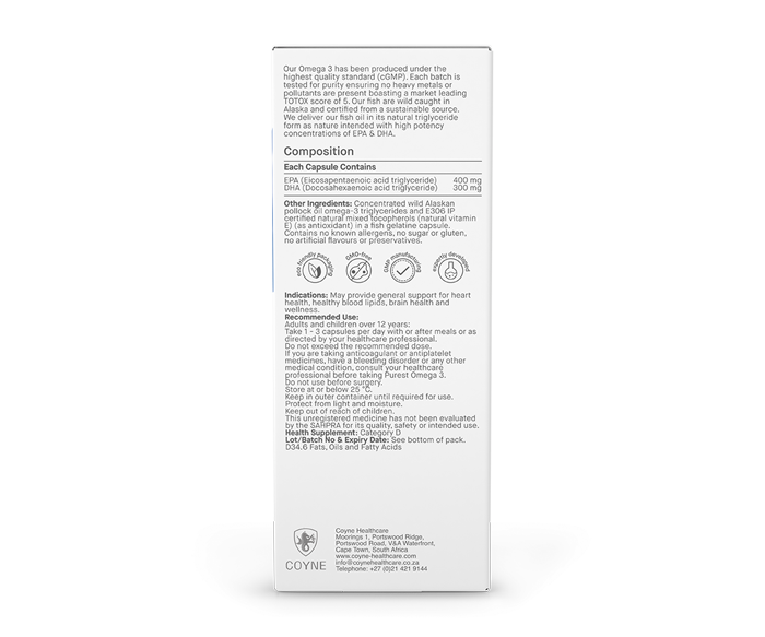 Biomax Purest Omega 3 Wild Alaskan 1000mg 60 Capsules, back of the carton showing the ingredient panel and directions