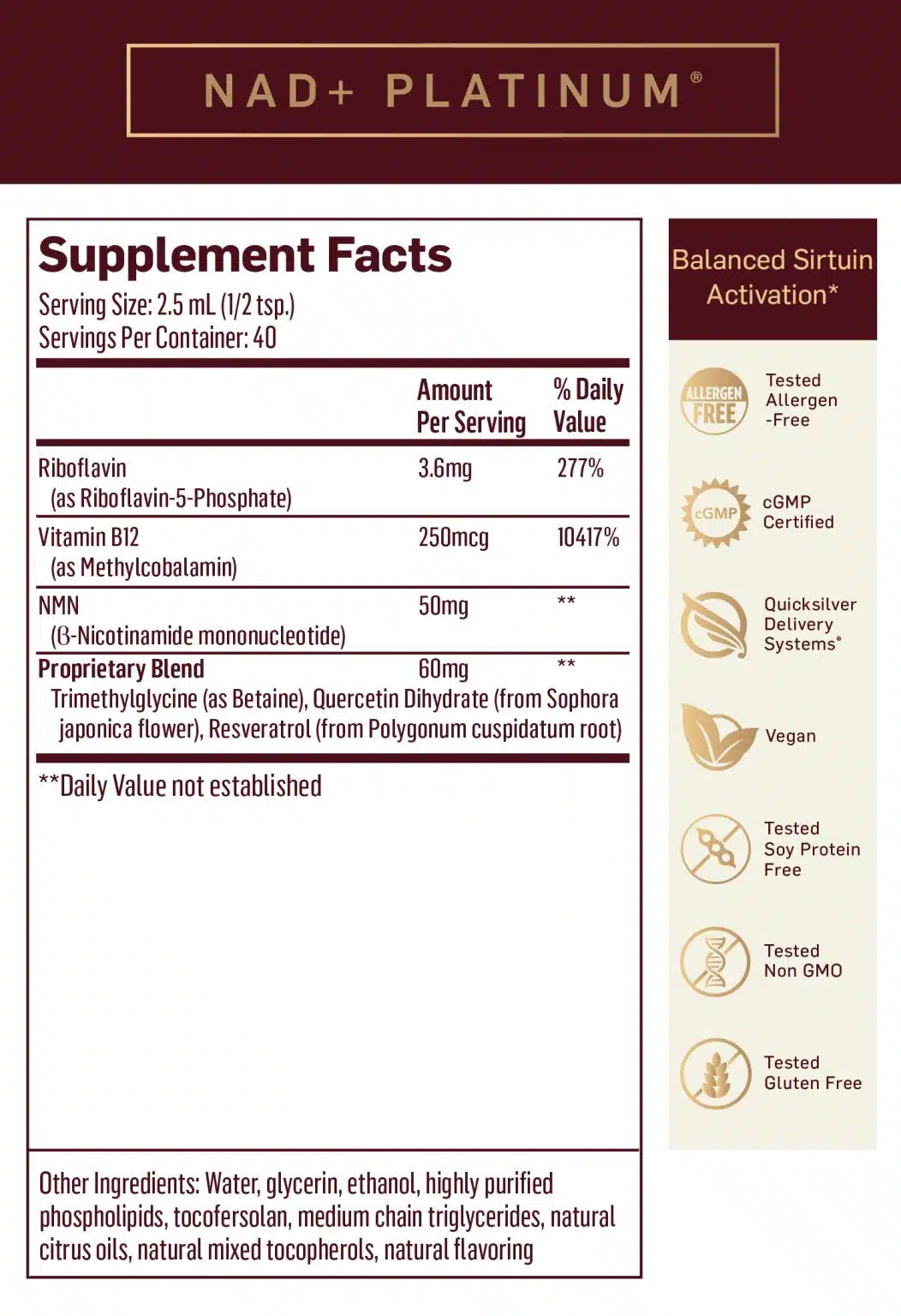 image of ingredient list for NAD+ platinum by quicksilver scientific.
