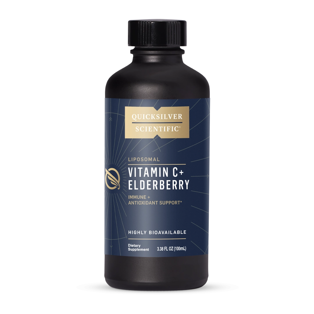 Image of liposomal Vitamin C + Elderberry 100ml bottle by quicksilver scientific to support immunity and recovery